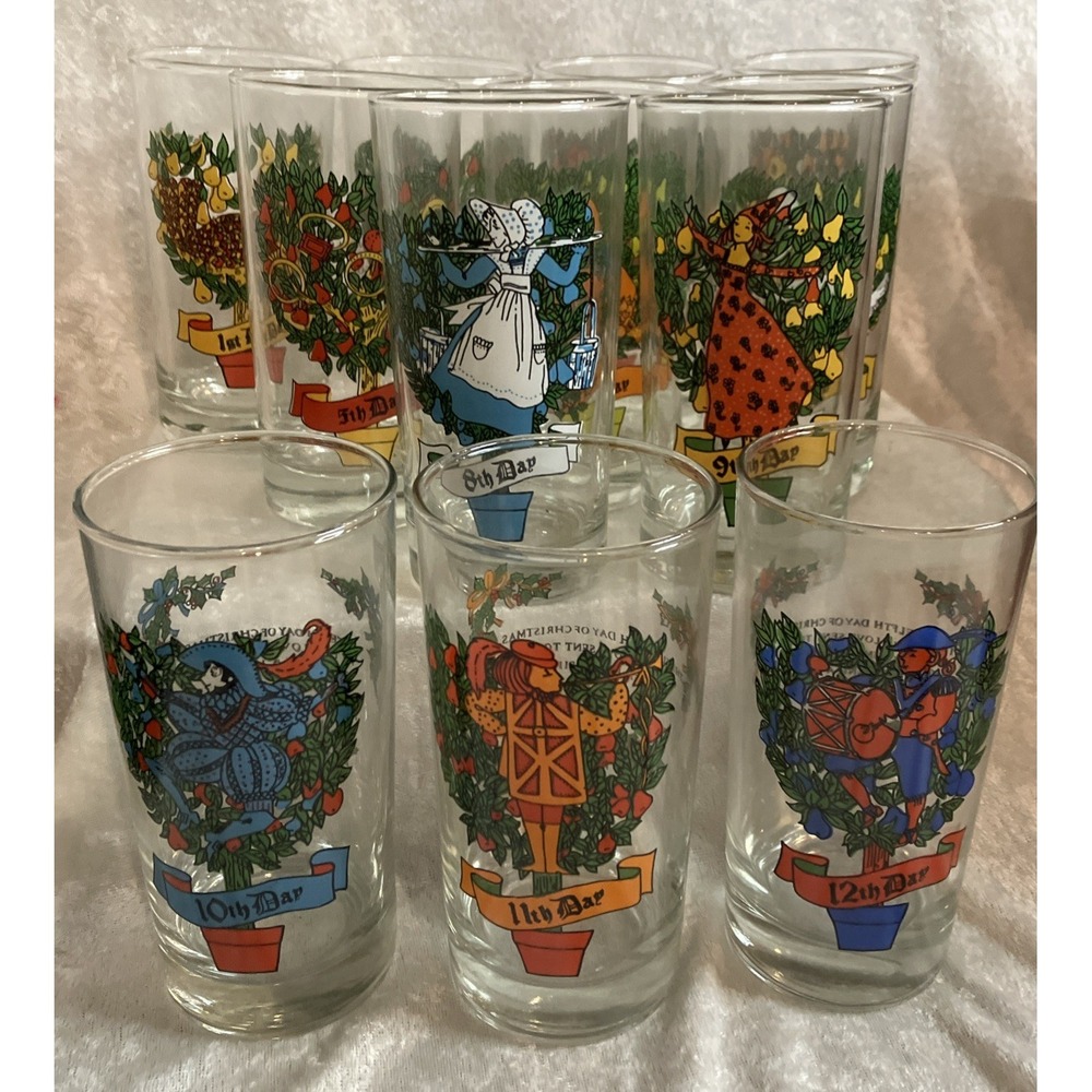 VTG Indiana Glass Twelve Days of Christmas 12oz Set Of 12 Glasses Tumbler In Box